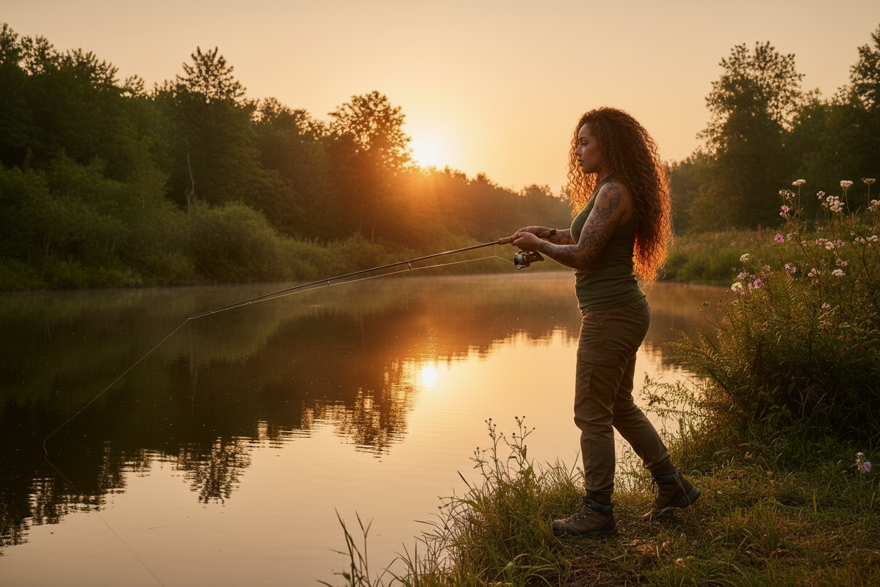 Badass curly-haired woman fishing